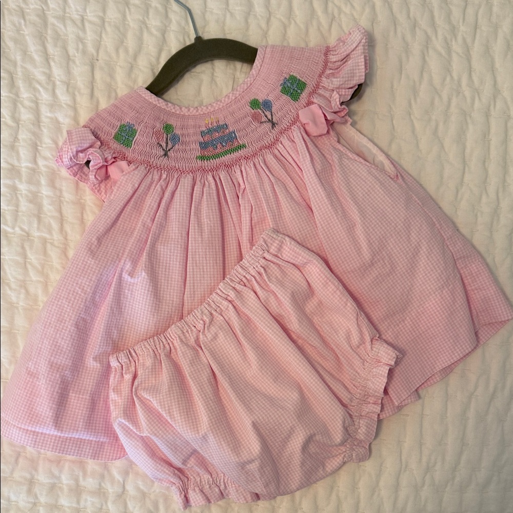 Pink Gingham Smocked Birthday Diaper Set